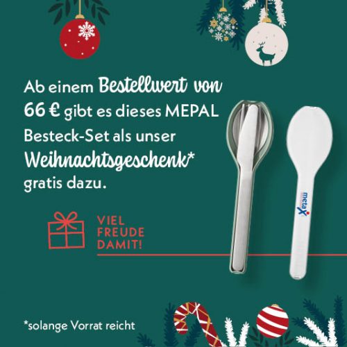Ab einem Bestellwert von 66 € gibt es ein Mepal Besteck-Set als Weihnachtsgeschenk gratis dazu!